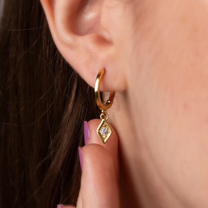 Diamond Drop Hoop Earrings: 14K Gold Plated Sterling Silver