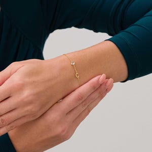 14K Gold Initial Birthstone Bracelet: Personalized Letter Charm Jewelry