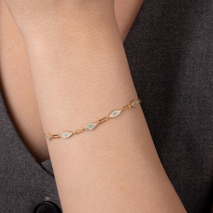 Pulsera de ojo malvado de oro de 14 quilates: cadena de eslabones de cristal de circonita cúbica, joyería de la suerte