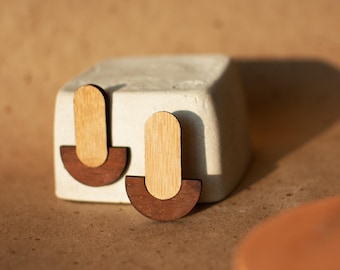 Two-Tone Wood Earrings, Fall Statement Earrings, Handmade Geometric Jewelry
