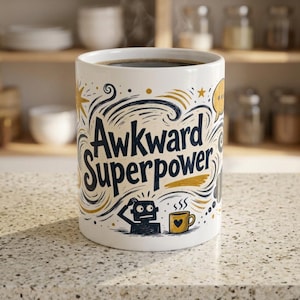 May include: A white ceramic mug filled with dark liquid, featuring the text "Awkward Superpower" in bold dark blue lettering. The design includes gold and blue swirling graphic accents, a small robot illustration, and a yellow mug icon with a heart.