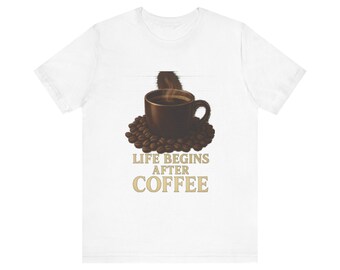 Life Begins After Coffee Premium Unisex Tee with Realistic Steaming Mug Design