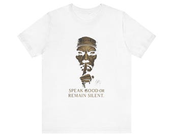 Stoic Motivation Unisex T-Shirt with Ancient Stone Statue and Speak Good or Remain Silent Quote