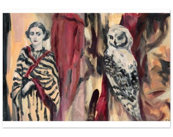 Grafika z kobiecą sową – ekspresyjne pociągnięcia pędzlem, surrealistyczna japońska sztuka ścienna. Tania Cardenas Arts