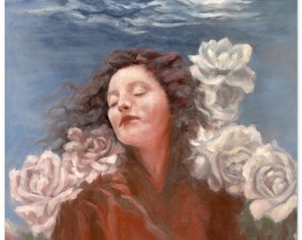 Opera d'arte "Giardino di rose sottomarino" - Donna surreale in abito rosso (Stampa fine)