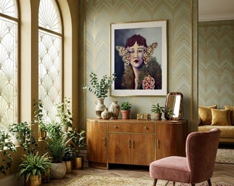 Grafika artystyczna z lat 20. XX wieku w stylu flapper, kapryśna kobieta z motylem, surrealistyczny portret w stylu vintage, Tania Cardenas Fine Art