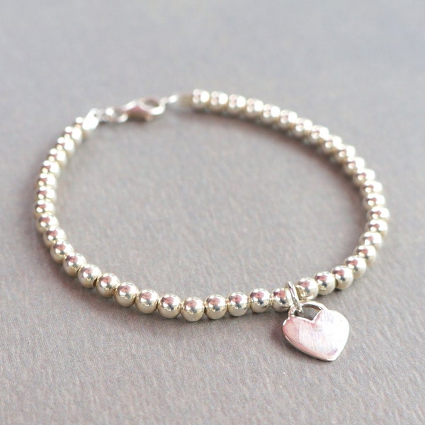 sterling silver bead bracelet with sterling silver heart charm