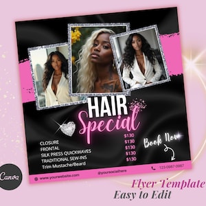 Hair special, salon Business, Hair stylist, Hair Services, Promos & Price Lists, Wig install Sale Price List Canva flyer template