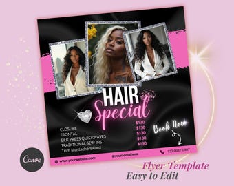 May include: Black and pink flyer with a glittery silver border advertising hair services. The flyer features three photos of women with different hairstyles and the text "HAIR Special" in pink neon letters. The flyer lists prices for closure, frontal, silk press quickwaves, traditional sew-ins, and trim mustache/beard. The flyer also includes the text "Book Now" with an arrow pointing to a phone number.