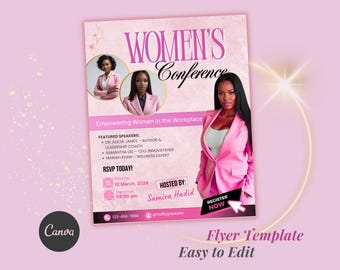 May include: A pink flyer for a Women's Conference, featuring the text "Empowering Women in the Workplace." It includes images of women, speaker names, and event details. The flyer is designed with a pink and white color scheme and includes the text "Flyer Template Easy to Edit."