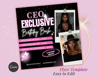 CEO Boss Babe Birthday Bash kortingsdeals, salon, wimper, kapper, nagels, pruik en extensions Canva-sjabloon, bewerkbare beautypromoflyer