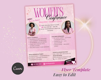 May include: A pink flyer for a Women's Conference, featuring the text "WOMEN'S Conference" in large letters. The flyer includes event details, speaker information, and a call to register. The flyer template is easy to edit.