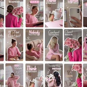 以下が含まれることがあります： ピンクを基調としたソーシャルメディアグラフィックのコレクションで、テキストオーバーレイが施されています。画像には女性、花、ラップトップ、電話、ノートなどのオブジェクトが写っています。「Caption That Sells」や「Reel Hook Formula」などのテキストが含まれています。