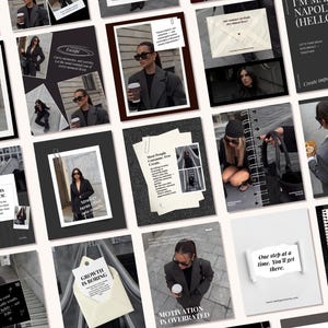 May include: A collection of black and white inspirational quote cards with images of a person in a blazer. The cards feature text like "Perfection is a delay tactic" and "Motivation is overrated."