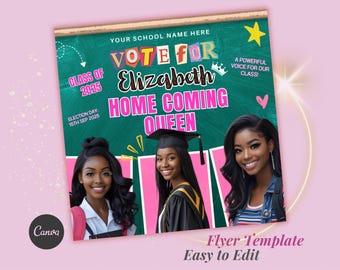 Vote for Homekehr Queen Flyer, Schulwahl, bearbeitbare Canva-Vorlage für Studenten, Abschlussball-Flyer, Vote für mich, Heimkehrplakat