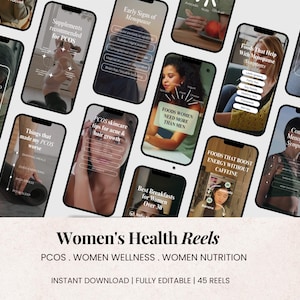 Puede incluir: Un producto digital que presenta maquetas de pantallas de teléfono con contenido relacionado con la salud. Las pantallas muestran temas como SOP, menopausia y nutrición. El texto incluye "Women's Health Reels" y "Instant Download | Fully Editable | 45 Reels."