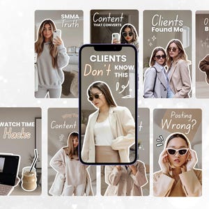 May include: A collage of images featuring women in various outfits, with text overlays such as "SMMA Truth", "Content That Converts", and "Clients Found Me". The images are arranged in a grid-like format, with a central image of a woman holding a phone.