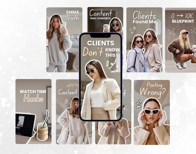 May include: A collage of images featuring women in various outfits, with text overlays such as "SMMA Truth", "Content That Converts", and "Clients Found Me". The images are arranged in a grid-like format, with a central image of a woman holding a phone.