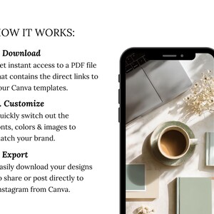 May include: A smartphone displays a flat lay with a laptop, coffee cup, and books. The text "HOW IT WORKS" is at the top, followed by numbered steps: Download, Customize, and Export, with descriptions of each step.