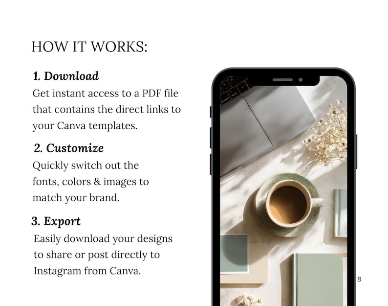 May include: A smartphone displays a flat lay with a laptop, coffee cup, and books. The text "HOW IT WORKS" is at the top, followed by numbered steps: Download, Customize, and Export, with descriptions of each step.