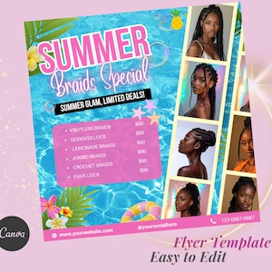 Op de afbeelding: Een roze en blauwe flyer die een "Summer Braids Special" promoot. Het toont afbeeldingen van vrouwen met verschillende gevlochten kapsels. De tekst bevat "Summer Glam, Limited Deals!" en een prijslijst voor verschillende vlechtstijlen. Contactgegevens zijn ook voorzien.