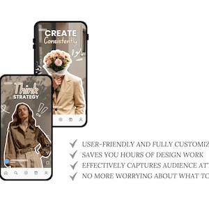 May include: Two smartphones displaying social media content. One shows a person holding flowers, the other a person in a brown outfit. Text on the screens reads "CREATE Consistently" and "Think STRATEGY".