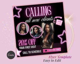 Calling All New Clients Flyer | Salon Booking Flyer | Hair Makeup Lashes Nails MUA | Editable Canva Template | Beauty Promo Flyer
