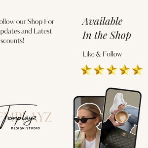 May include: Cream-colored graphic with text that reads "Follow our Shop For Updates and Latest discounts!" and "Available In the Shop. Like & Follow." Includes a logo and images of a person.
