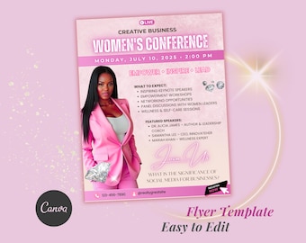 Puede incluir: Un folleto rosa para una Conferencia de Mujeres, con una mujer con un traje rosa. El folleto incluye el texto "Women's Conference", la fecha, la hora y temas como talleres de empoderamiento y oportunidades de networking. El folleto también incluye el texto "Flyer Template Easy to Edit."
