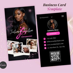 Könnte beinhalten: Eine Visitenkartenvorlage mit schwarzem Hintergrund und einem Foto einer Frau. Die Karte zeigt den Namen "Juliana Silva" in Schreibschrift, die Worte "Your Glow Expert" und Kontaktinformationen. Die Vorlage enthält einen QR-Code.
