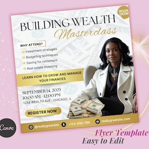 Puede incluir: Un folleto promocional para una "Building Wealth Masterclass" con una mujer con un abrigo blanco. El folleto incluye detalles sobre estrategias de inversión, presupuestos y bienes raíces. Tiene un esquema de color dorado y blanco con el texto "Register Now" y "Book Now".