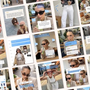 May include: A collage of images featuring a woman wearing sunglasses and a blazer, holding a drink. The images include text overlays with phrases like "About me" and "Let's work together." The overall theme is social media and lifestyle.