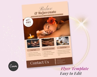 Massage-Therapy, Körperbehandlung, Gesichts-Spa, Therapeut, Hautpflege, Vorgefertigte Kosmetikerin DIY Beauty Service Canva Flyer Vorlage