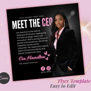 Puede incluir: Plantilla de folleto en negro y rosa con el texto "MEET THE CEO" y "Cia Hamilton". El folleto presenta una foto de una mujer con una blazer negra y una camisa rosa. También son visibles las palabras "Flyer Template" y "Easy to Edit".