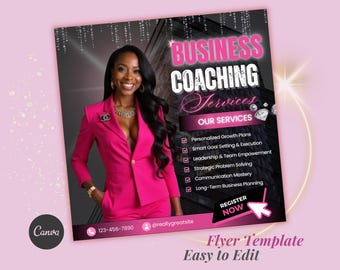 Flygblad för affärscoachningstjänster, konsulttjänster, entreprenörer, affärsmentorer, workshop, företagserbjudande, reklamflygblad i Canva-mall