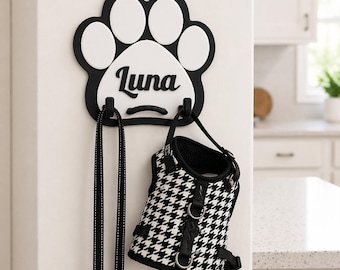 Personalized Dog Leash Holder Custom Pet Name Wall Hook Paw Print Organizer Gift