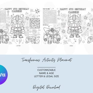 Transformers Birthday Placemat: Editable Activity Sheet (Digital Download)