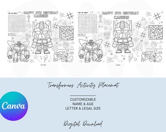 Transformers Birthday Placemat: Editable Activity Sheet (Digital Download)