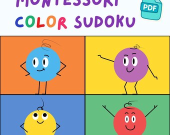 May include: A printable Montessori color Sudoku activity with four colorful circles, each with a different facial expression. The circles are blue, purple, yellow, and red. The title of the activity is "Montessori Color Sudoku".