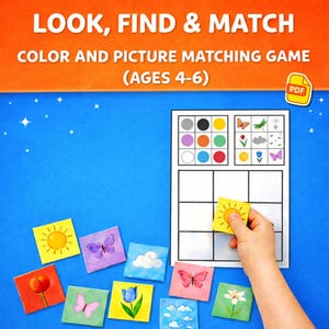 Puede incluir: Un juego de emparejar colores e imágenes para niños de 4 a 6 años. El juego incluye un tablero de emparejamiento, cuadrados coloridos con imágenes de un sol, mariposas, nubes y flores. El texto "LOOK, FIND & MATCH" está en la parte superior.