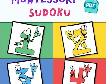 May include: A printable Montessori Sudoku game with colorful cartoon numbers 1 through 4. The numbers are green, yellow, blue, and red.