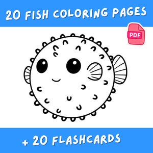 20 pages à colorier de poissons pour enfants PDF + 20 cartes-éclair éducatives en couleur | Motifs poissons imprimables | Activité amusante et éducative