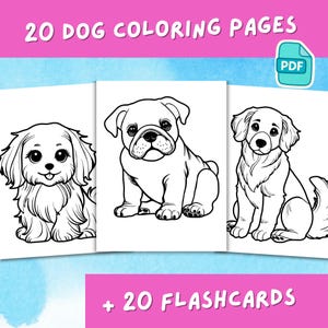 Può includere: Un set di 20 pagine da colorare di cani stampabili e 20 flashcard. Le pagine da colorare presentano tre razze di cani diverse: un carlino, un golden retriever e un piccolo cane peloso. L'immagine mostra un esempio di ogni pagina da colorare.