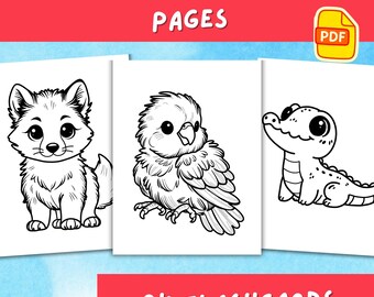 Páginas para colorear de animales salvajes bebés (PDF) / 24 adorables animales de safari + tarjetas didácticas / Actividad educativa divertida para niños / Imprimible (8,5 x 11)