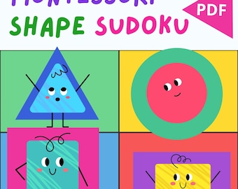 May include: A colorful Montessori shape sudoku game with a blue triangle, a green circle with a red center, a blue square, and a yellow rectangle. The shapes have faces and are arranged in a grid.