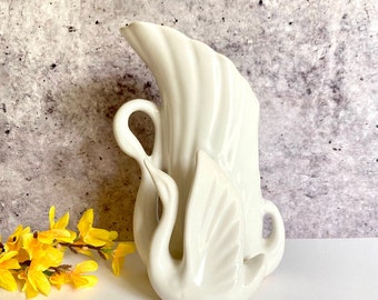 Vintage White Ceramic Double Swan Vase, Mother and Baby, Flower Vase