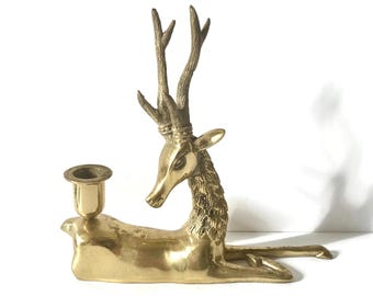 Vintage Brass Seated Stylized Reindeer Candleholder
