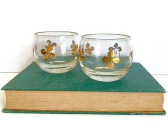 Vintage Glass Votive Holders with Gold Clovers, Small Juice, Clear Glass, Set of 2