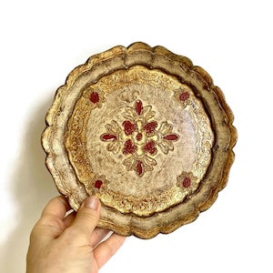 Vintage Small Wood Florentine Tray, Gold & Red