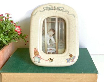 Vintage Porcelain Small Photo Frame with Bunny, Picture Frame, Nursery Decor